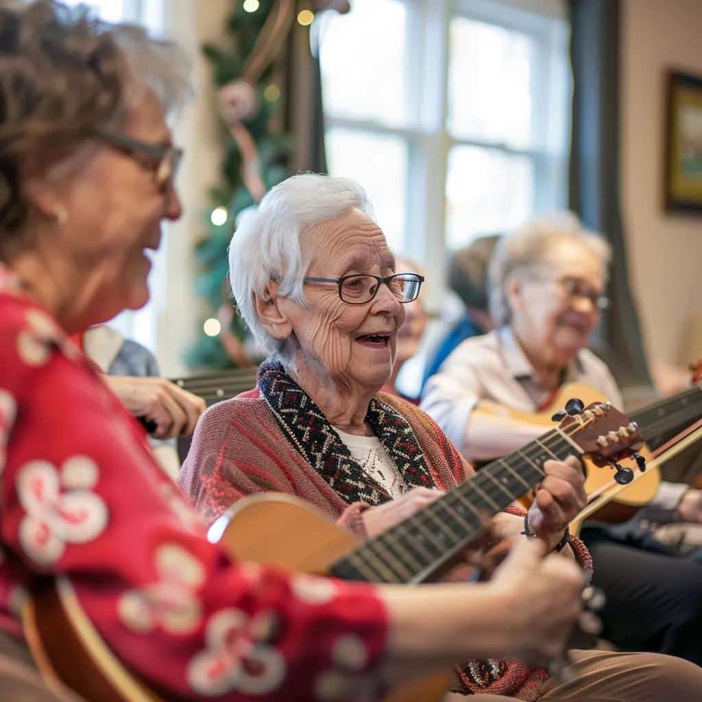 Seniors engaged in a music therapy session at a memory care facility