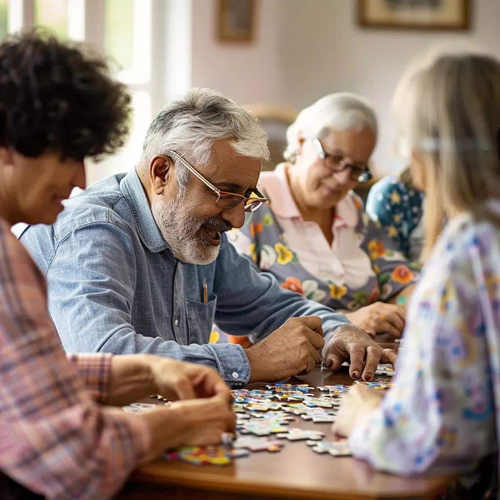 Residents participating in therapeutic activities for cognitive health in a memory care facility