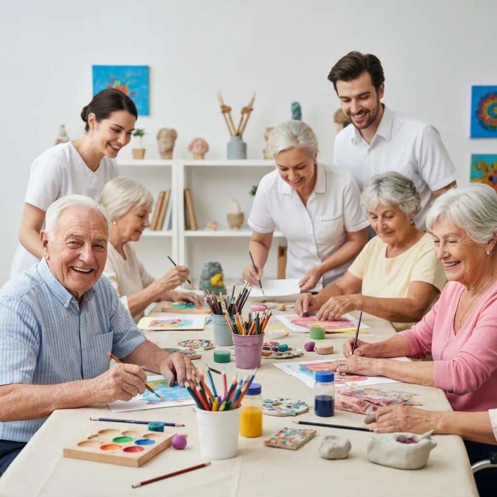 Seniors engaging in therapeutic art activities in a memory care facility