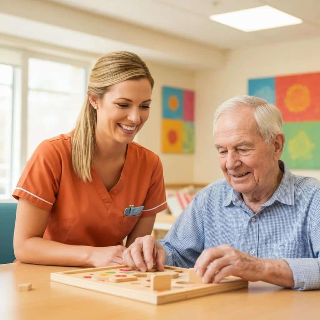 Caregiver assisting resident with cognitive activity in a memory care facility