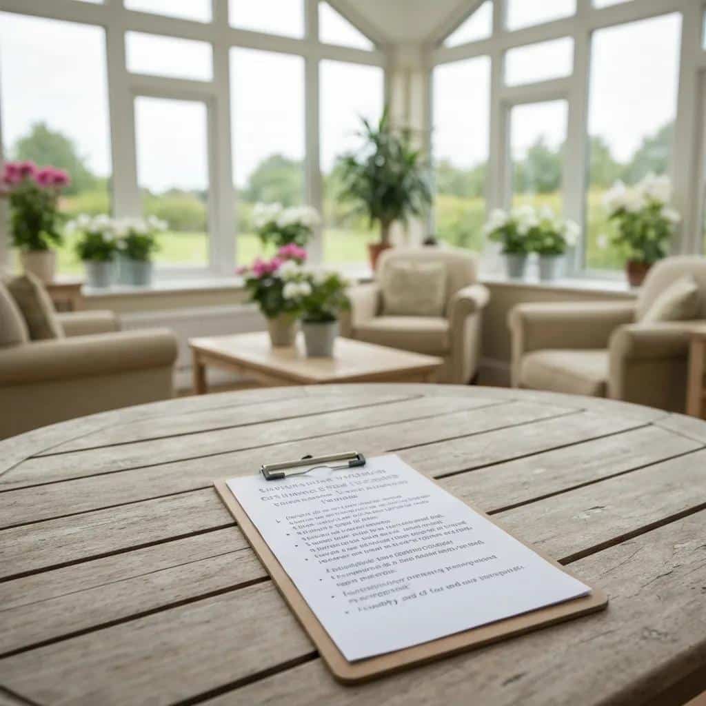 Checklist for evaluating Alzheimer's care facilities on a clipboard in a memory care setting