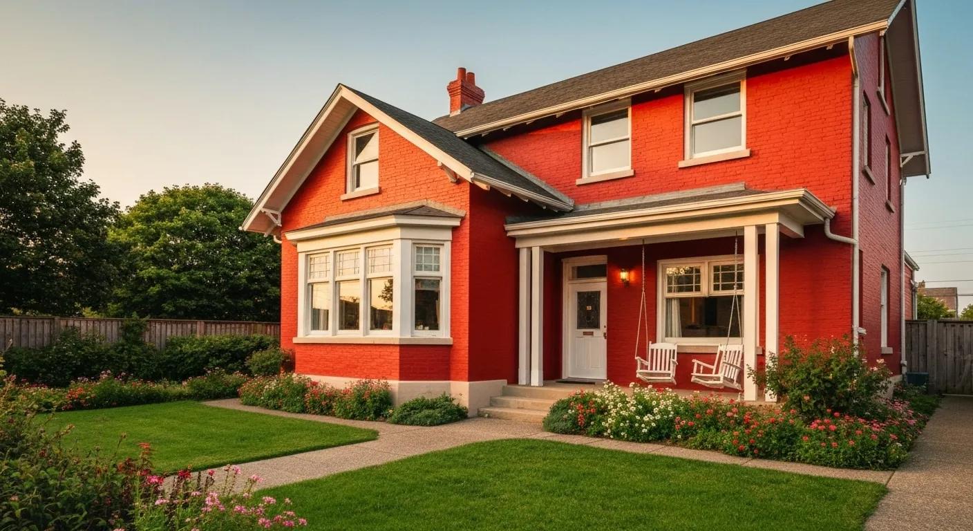Red brick house with white trim, front porch featuring two rocking chairs, surrounded by lush green lawn and flower beds, reflecting a welcoming environment for memory care services.