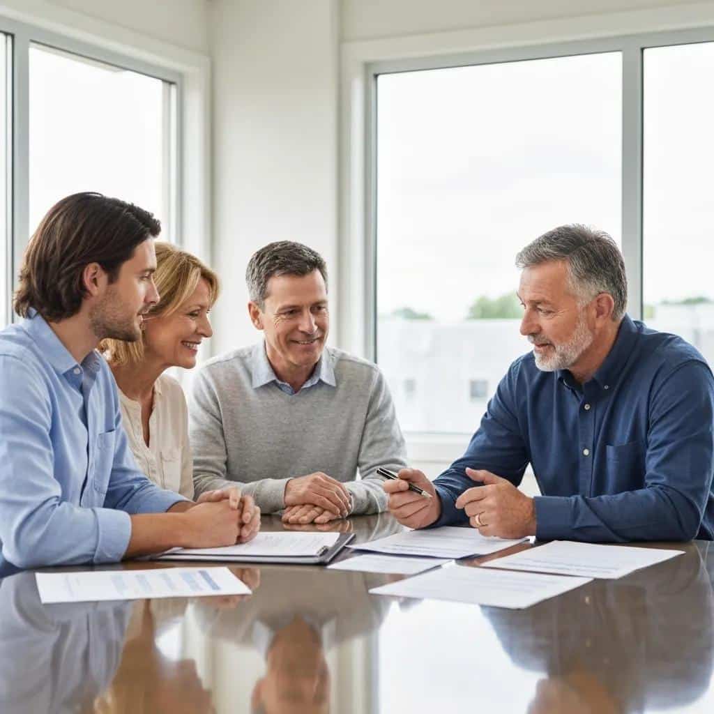 Family discussing memory care costs with a financial advisor in a welcoming office