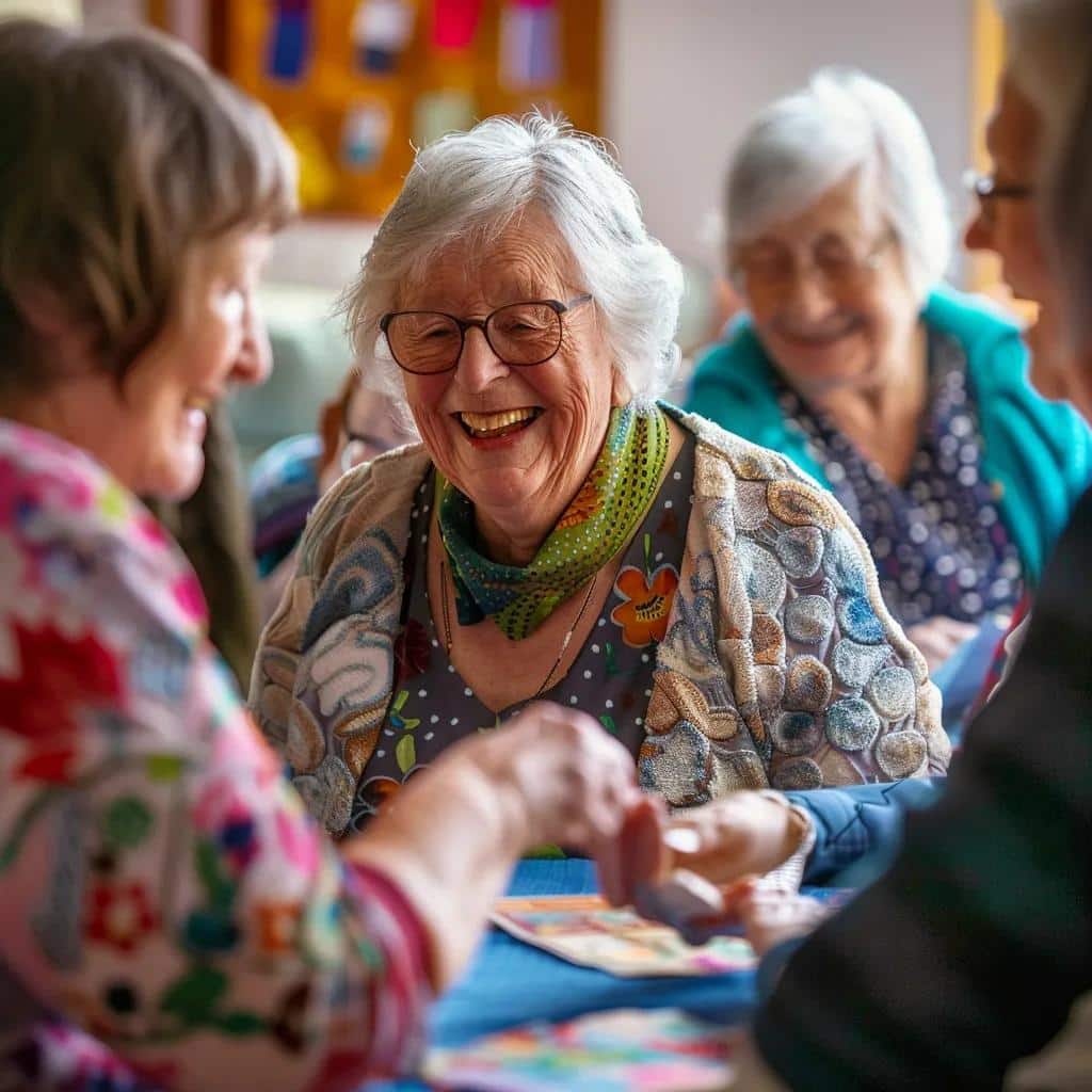 Dementia residents enjoying a reminiscence therapy session with familiar objects and joyful interactions