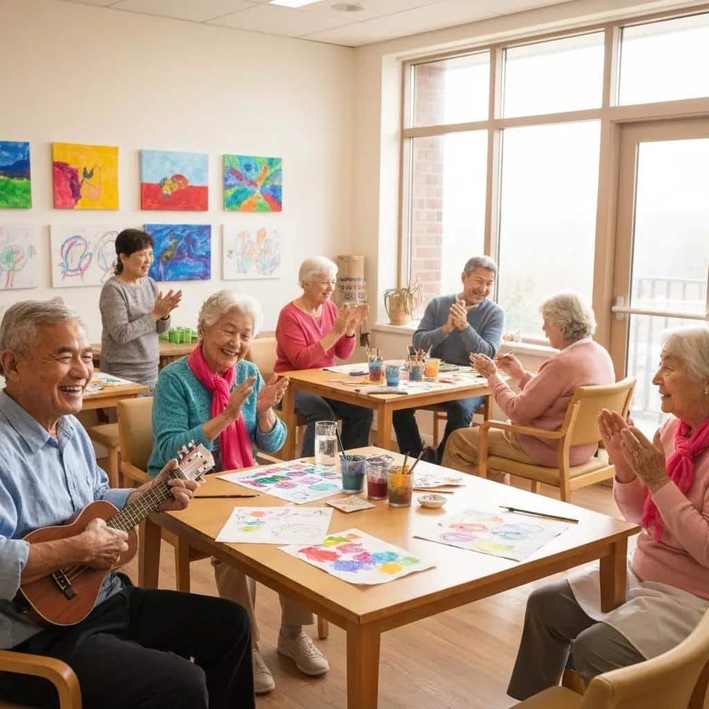 Seniors enjoying music and art therapy sessions in a memory care setting
