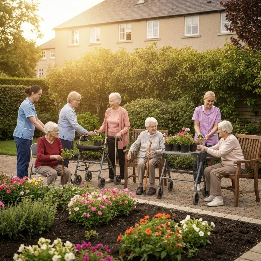Elderly residents engaging in therapeutic activities in a secure outdoor space