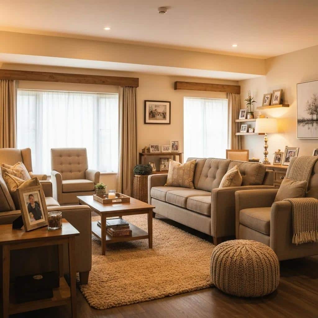 Cozy memory care facility living room with comfortable furniture and personal touches