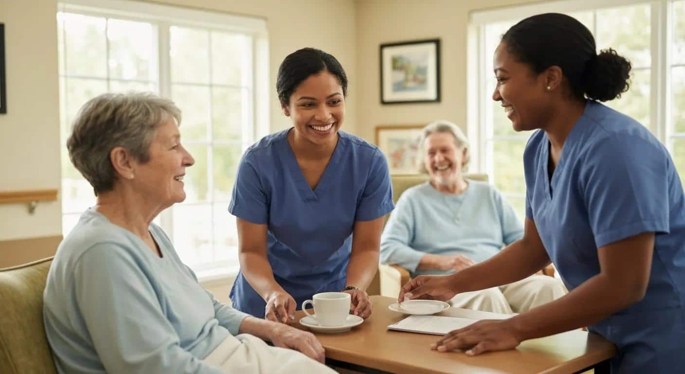 Caregivers interacting with seniors in a warm, home-like memory care environment, promoting social connections and personalized support.