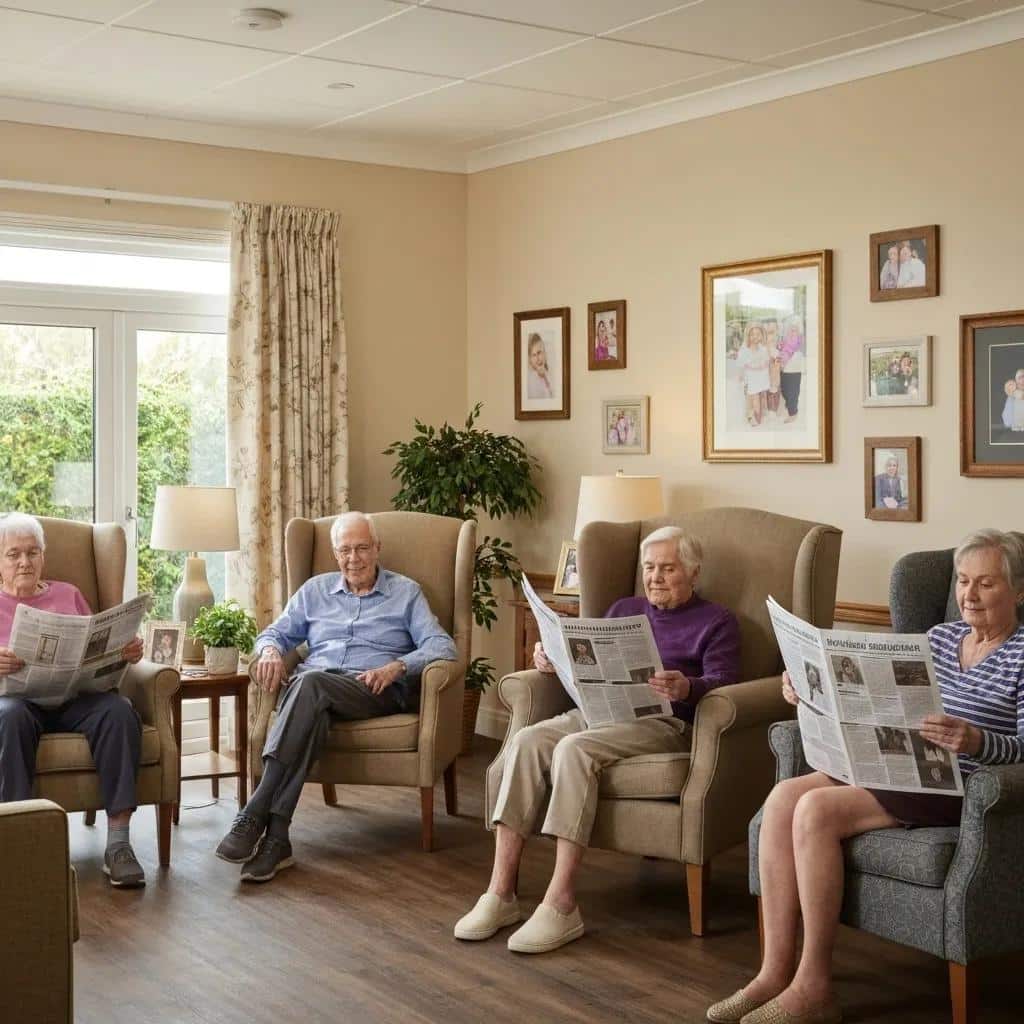 Cozy memory care facility interior with comfortable seating and personal touches