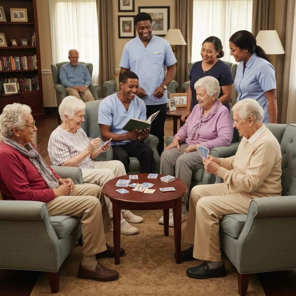 Memory care home environment with seniors and caregivers engaging in cognitive support activities