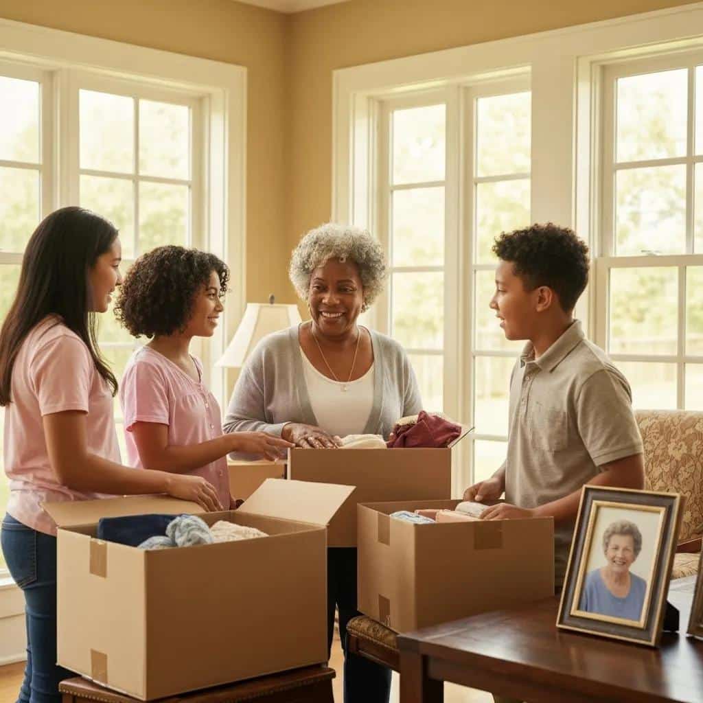 Family preparing for a loved one's transition to memory care with personal belongings