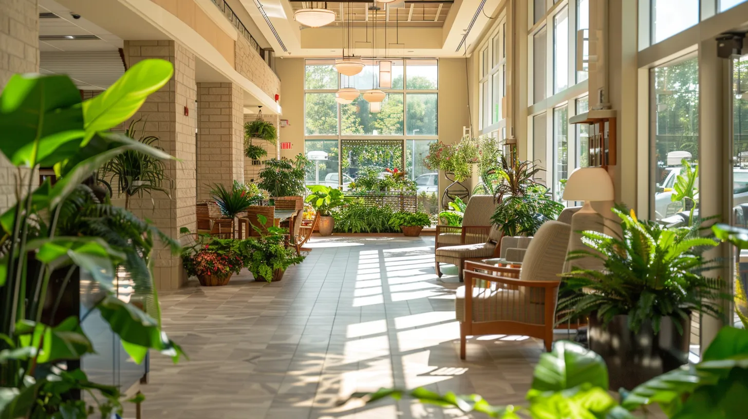 a bright and welcoming assisted living facility in ypsilanti, featuring lush landscaped gardens and sunlit communal areas filled with vibrant residents engaging in activities.