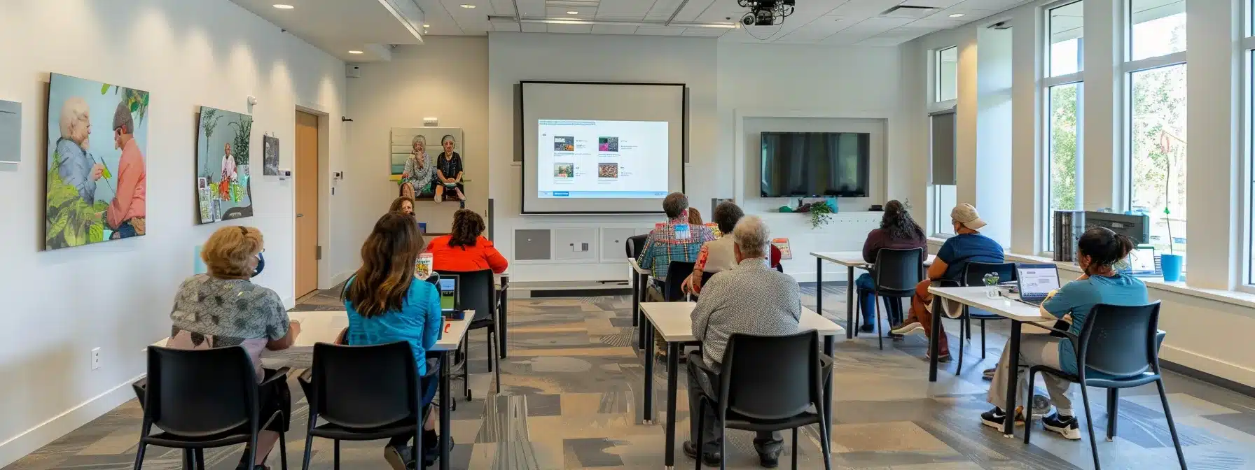 a bright, modern alzheimer care facility's training room, showcasing a diverse group of staff engaged in a dynamic workshop, with interactive learning tools and supportive visuals emphasizing teamwork and caregiver collaboration. a bright, modern alzheimer care facility's training room, showcasing a diverse group of staff engaged in a dynamic workshop, with interactive learning tools and supportive visuals emphasizing teamwork and caregiver collaboration.