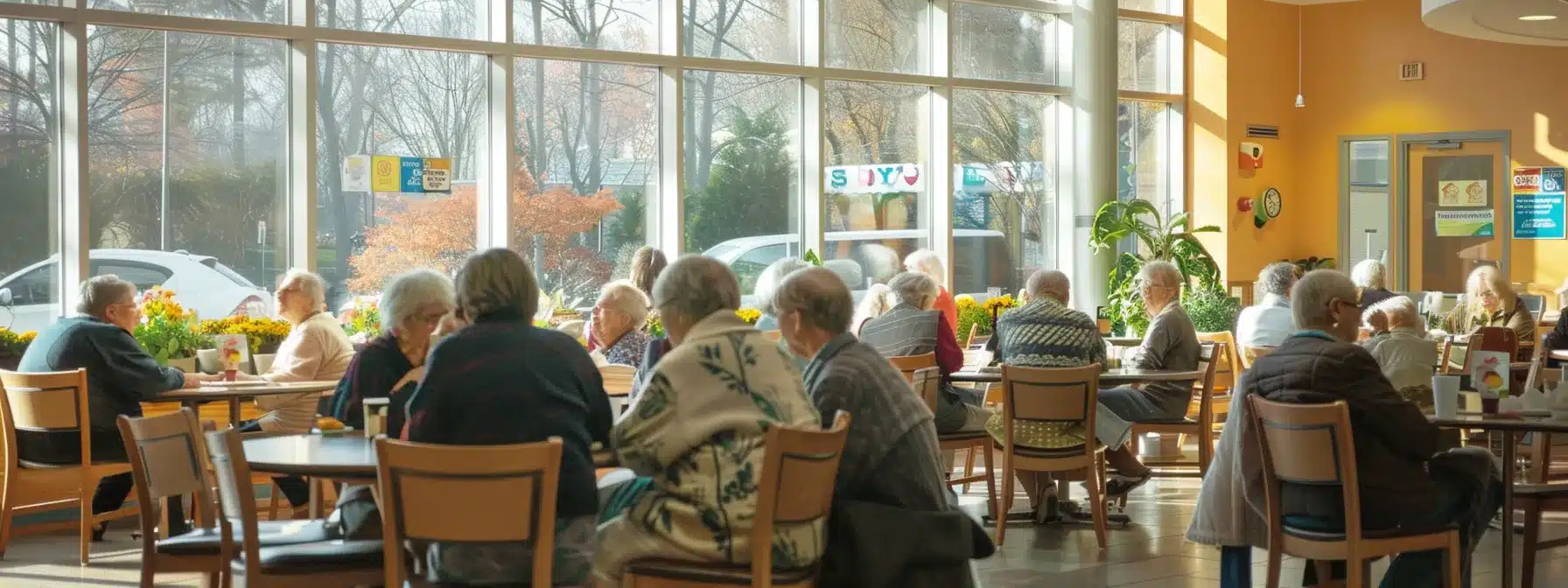 a brightly lit day services center features engaging activity stations where seniors with dementia participate in structured group activities, promoting socialization and support in a warm, welcoming indoor environment. a brightly lit day services center features engaging activity stations where seniors with dementia participate in structured group activities, promoting socialization and support in a warm, welcoming indoor environment.