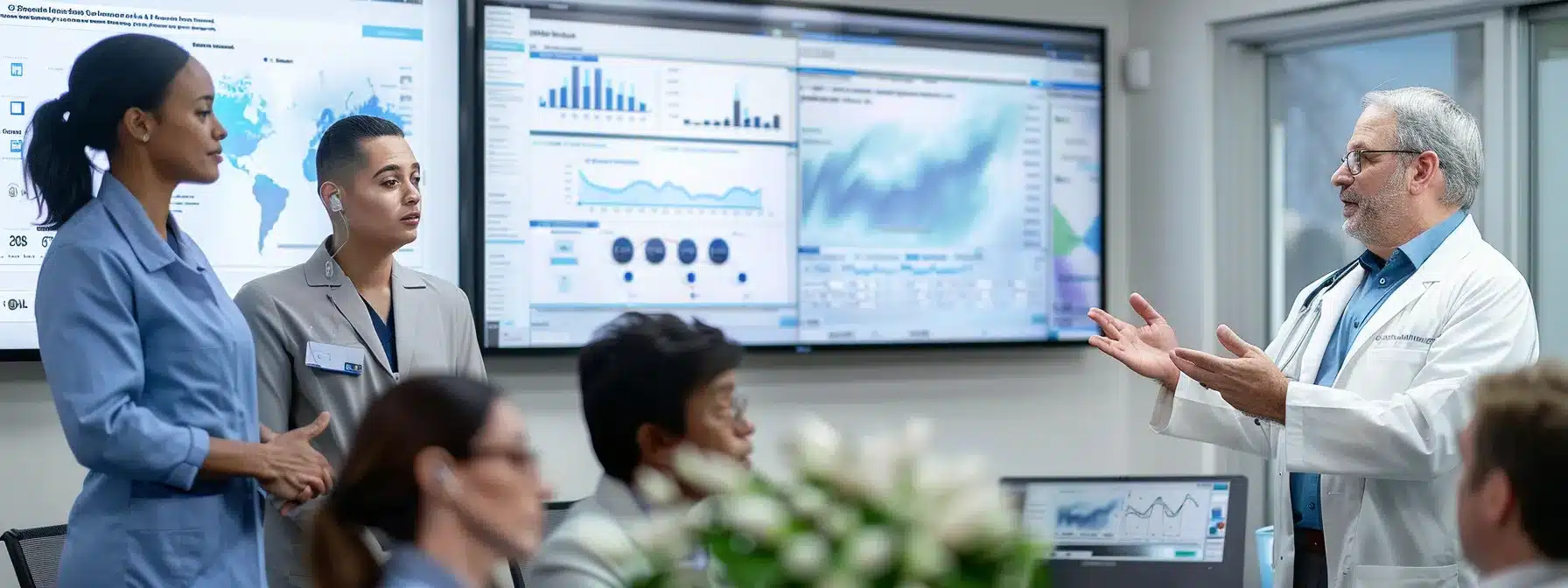 a brightly lit, modern alzheimer care facility conference room features a large digital display showcasing health monitoring data, while attentive staff engage in a focused discussion about emergency preparedness protocols, emphasizing the importance of clear communication and safety measures for residents. a brightly lit, modern alzheimer care facility conference room features a large digital display showcasing health monitoring data, while attentive staff engage in a focused discussion about emergency preparedness protocols, emphasizing the importance of clear communication and safety measures for residents.