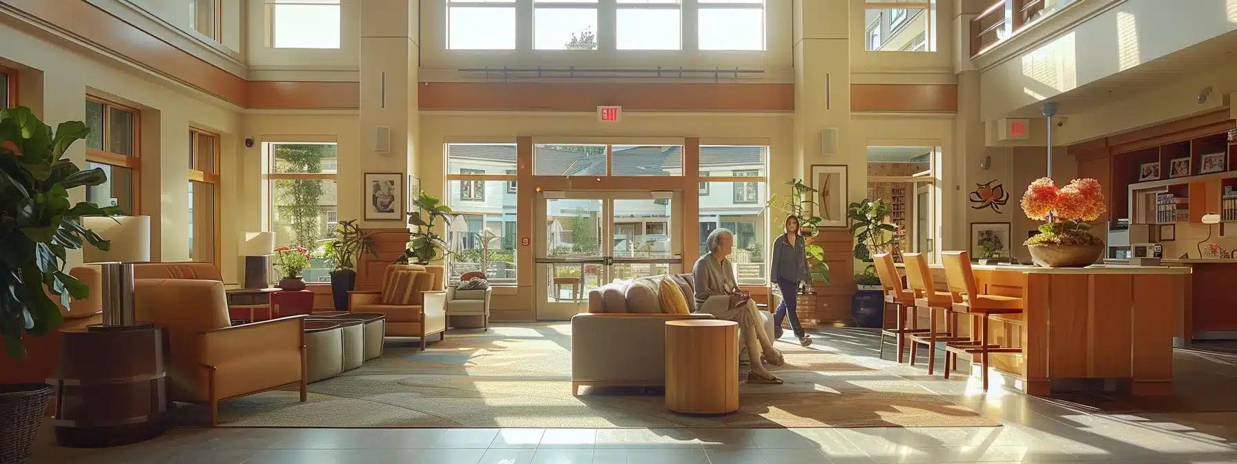 a compassionate caregiver interacts with a smiling elderly person in a warm, inviting dementia care facility, surrounded by comfortable furnishings and engaging activities that emphasize support and community.