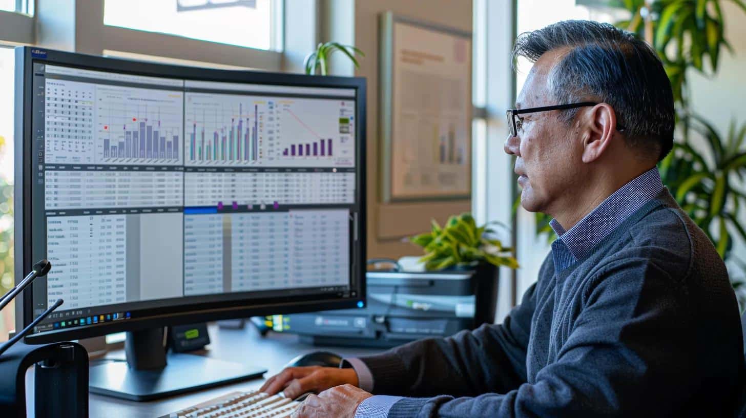 a focused healthcare professional analyzes advanced diagnostic test results on a sleek, modern computer screen in a well-lit, contemporary medical office, highlighting the cutting-edge technologies used for accurately diagnosing alzheimer's disease.