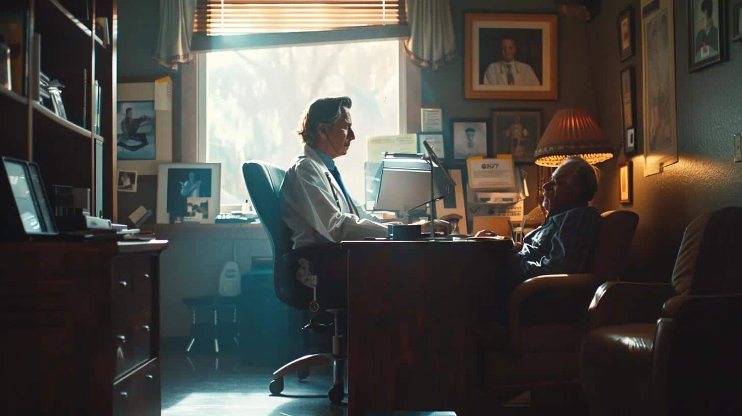 a focused, well-lit medical office scene showcases a thoughtful clinician engaged in a detailed discussion with an elderly patient, surrounded by advanced diagnostic tools displayed prominently on a sleek desk, emphasizing the importance of early alzheimer's disease diagnosis.