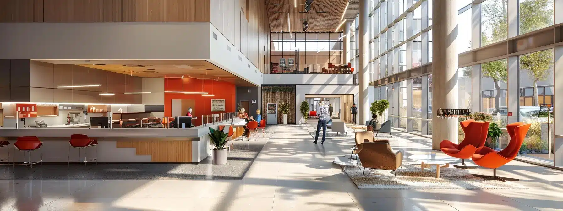 a modern assisted living facility showcases sleek, technology-integrated common areas filled with seniors engaging in interactive activities, highlighting innovative design and a vibrant community atmosphere.