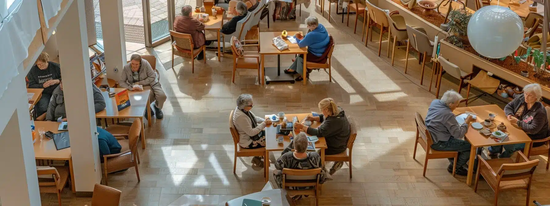 a modern nursing home common area bustling with activity, featuring warm lighting and engaging residents participating in therapeutic group activities, reflecting innovative dementia care practices and community support initiatives in michigan. a modern nursing home common area bustling with activity, featuring warm lighting and engaging residents participating in therapeutic group activities, reflecting innovative dementia care practices and community support initiatives in michigan.