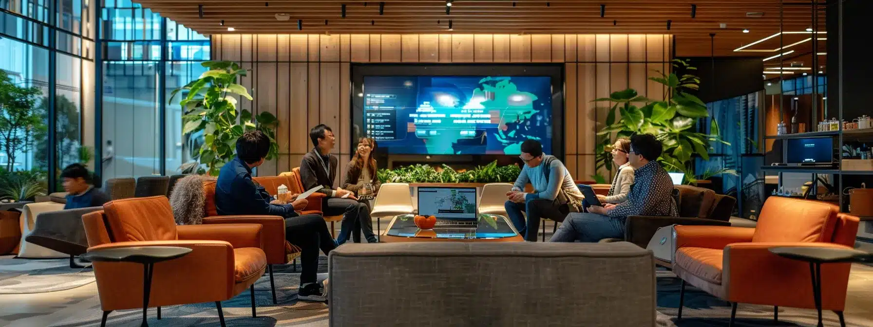 a modern office space showcases a group of diverse families engaged in a discussion around a large, interactive digital display featuring resources and tools for exploring assisted living options, illuminated by warm, focused lighting that enhances the atmosphere of collaboration and support.