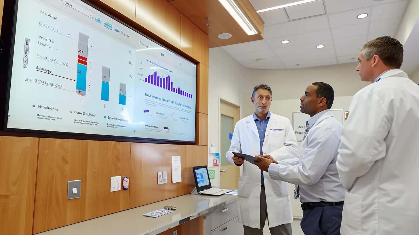 a modern, well-lit medical office featuring a focused neurologist and a general practitioner engaged in a discussion over a digital tablet, with charts and diagrams of alzheimer’s diagnosis differences displayed prominently on a sleek wall screen.
