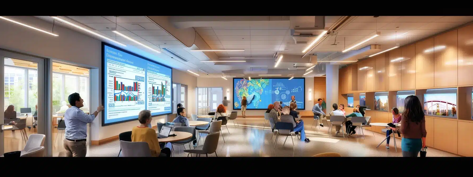 a professional office environment featuring a modern conference room with a large screen displaying a detailed infographic on dementia care costs, while attentive senior care consultants engage in a vibrant discussion with a diverse group of elderly individuals, all illuminated by bright overhead lights. a professional office environment featuring a modern conference room with a large screen displaying a detailed infographic on dementia care costs, while attentive senior care consultants engage in a vibrant discussion with a diverse group of elderly individuals, all illuminated by bright overhead lights.