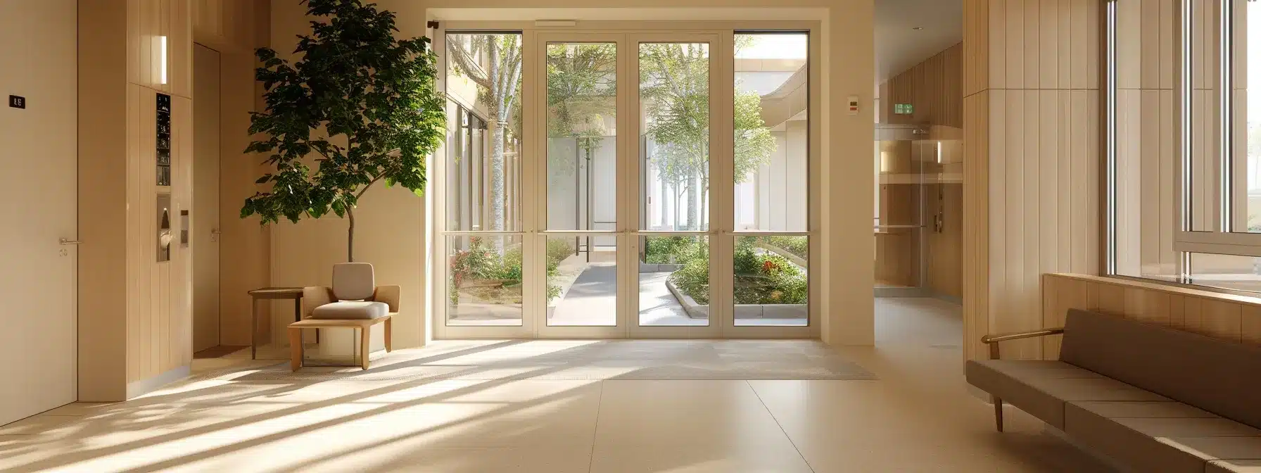 a secure and inviting interior of a specialized alzheimer care facility, featuring well-organized, comforting living spaces equipped with safety features like secure doorways and visible emergency response stations, highlighting a serene atmosphere designed for resident well-being. a secure and inviting interior of a specialized alzheimer care facility, featuring well-organized, comforting living spaces equipped with safety features like secure doorways and visible emergency response stations, highlighting a serene atmosphere designed for resident well-being.