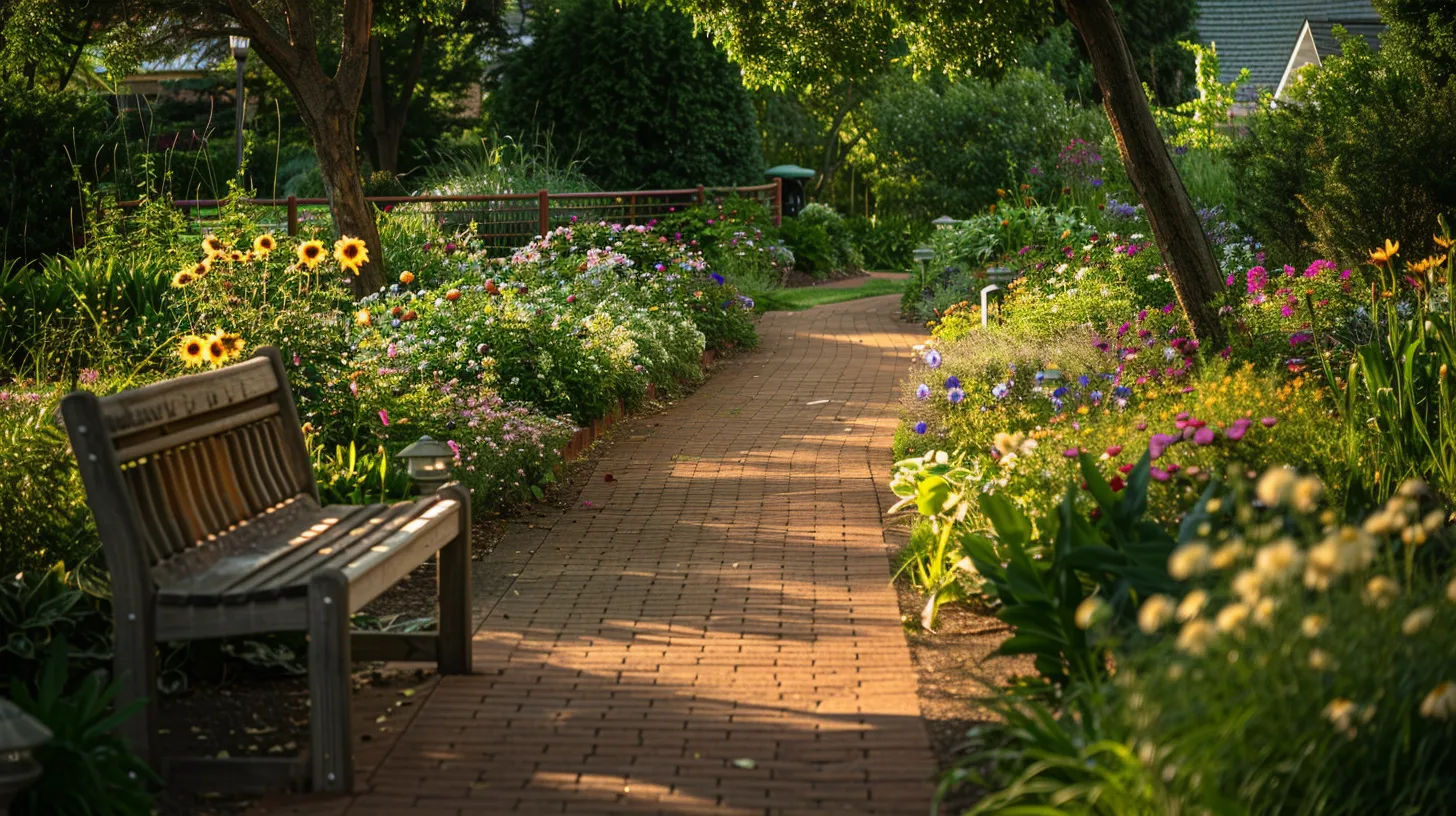 a serene afternoon garden scene in ypsilanti features a vibrant assisted living community, showcasing inviting pathways lined with blooming flowers and comfortable seating areas where seniors engage in joyful activities under soft, warm sunlight.