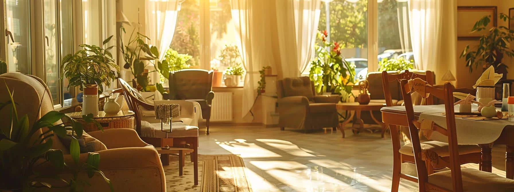 a serene and compassionate nursing home environment, featuring older adults engaged in meaningful activities, surrounded by warm natural light and soothing decor that emphasizes comfort and care in dementia services.