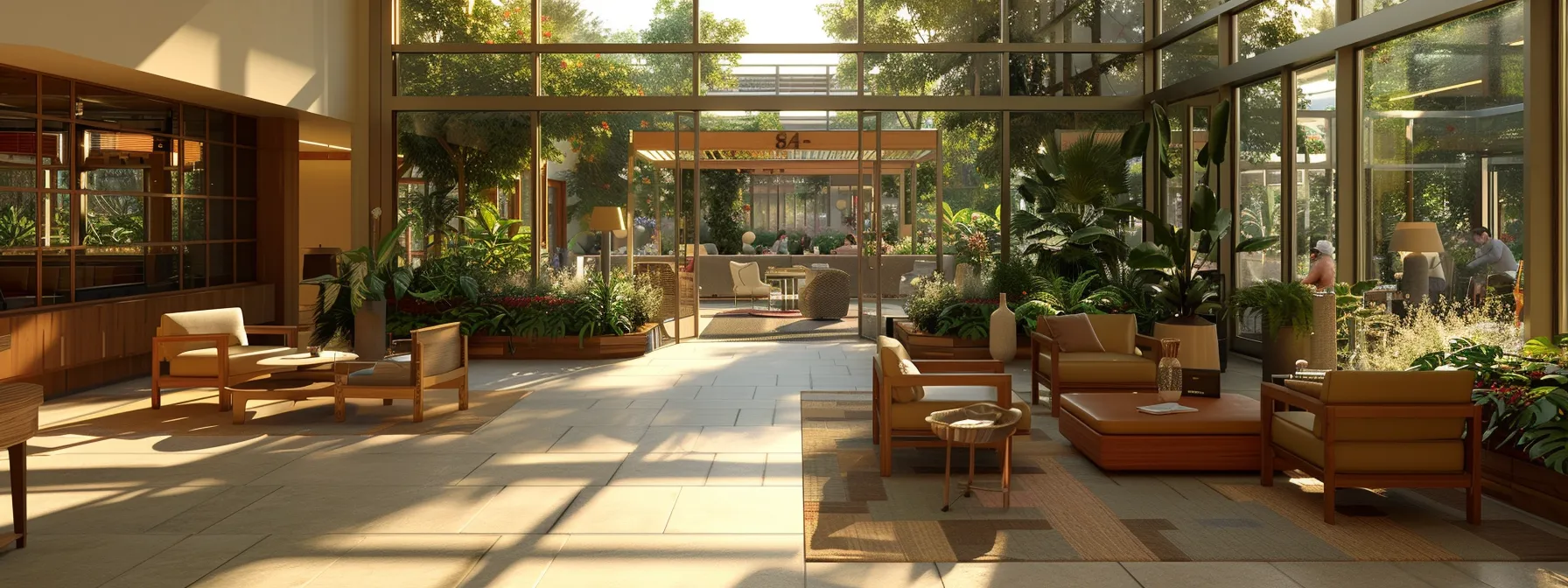 a serene and inviting assisted living facility, bathed in warm afternoon light, showcases vibrant gardens and welcoming communal spaces where older residents engage in joyful conversations, symbolizing comfort and community in care.