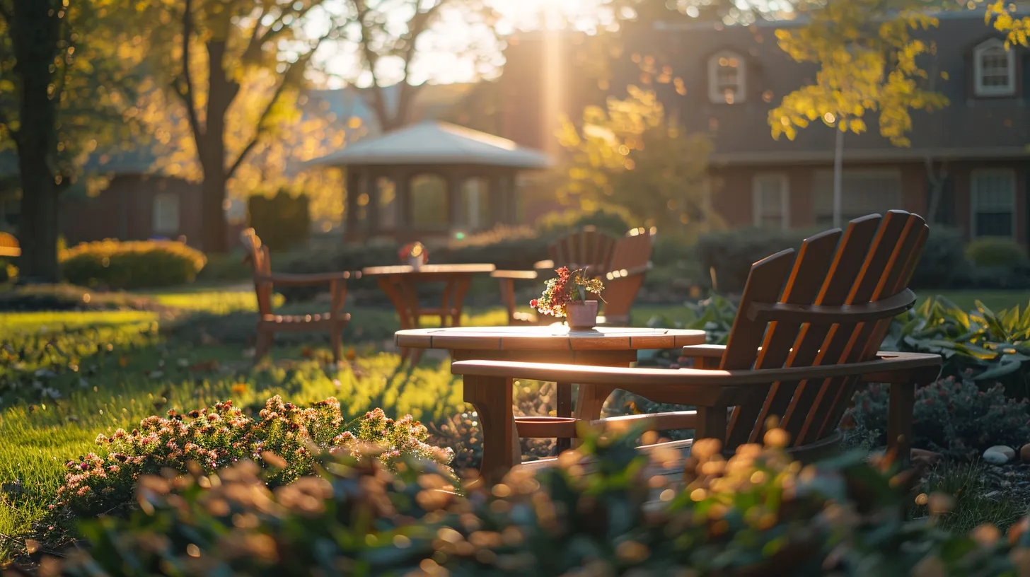 a serene and inviting assisted living facility in ypsilanti, bathed in warm sunlight, showcases a peaceful garden setting where families can gather to discuss financial options and support for senior care.