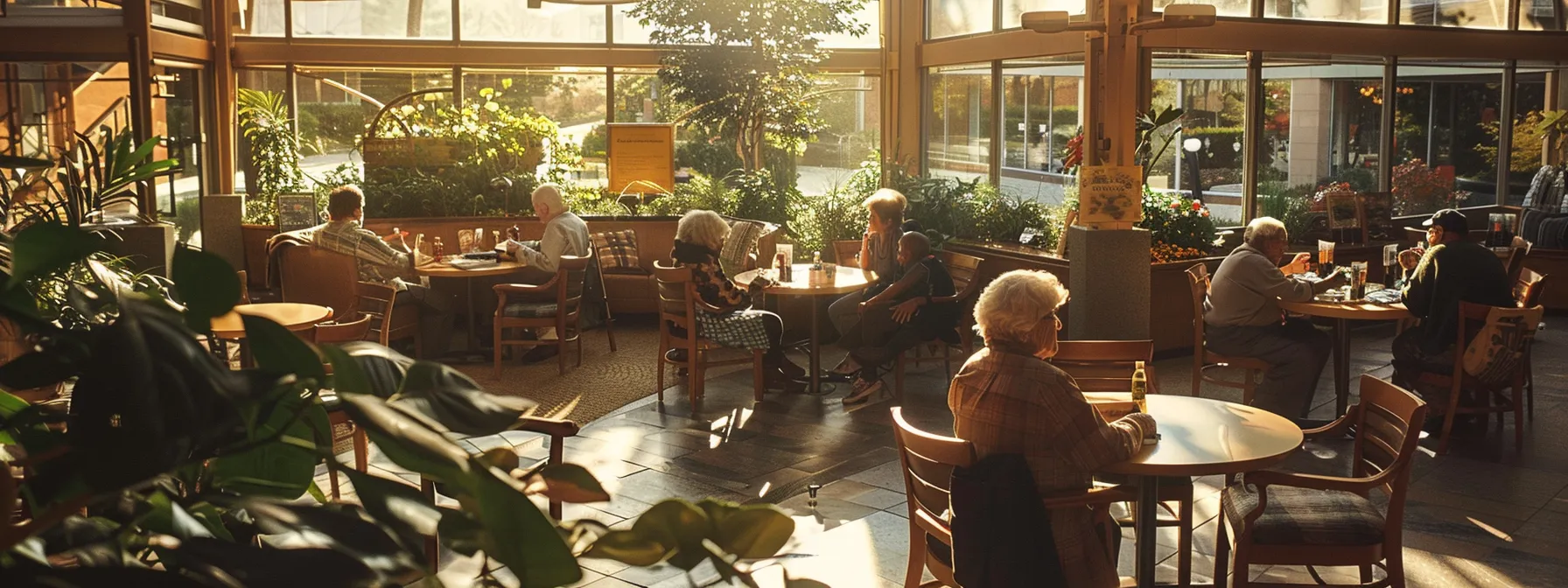 a serene and inviting assisted living facility showcases vibrant common areas filled with engaged seniors enjoying various activities, bathed in warm, natural light that emphasizes a sense of community and care.