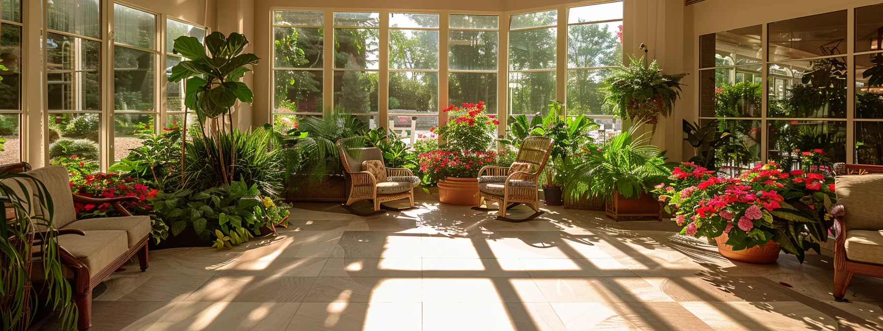 a serene and inviting assisted living facility surrounded by lush greenery and vibrant flowers, with warm sunlight streaming through large windows, creating a welcoming atmosphere for older residents seeking comfort and community.