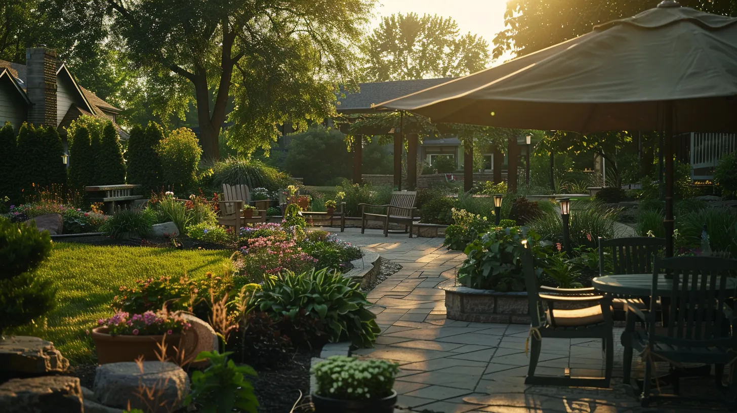 a serene and inviting assisted living community in ypsilanti, featuring well-maintained gardens and comfortable outdoor seating, bathed in warm afternoon sunlight, reflecting the essence of care and community for seniors.