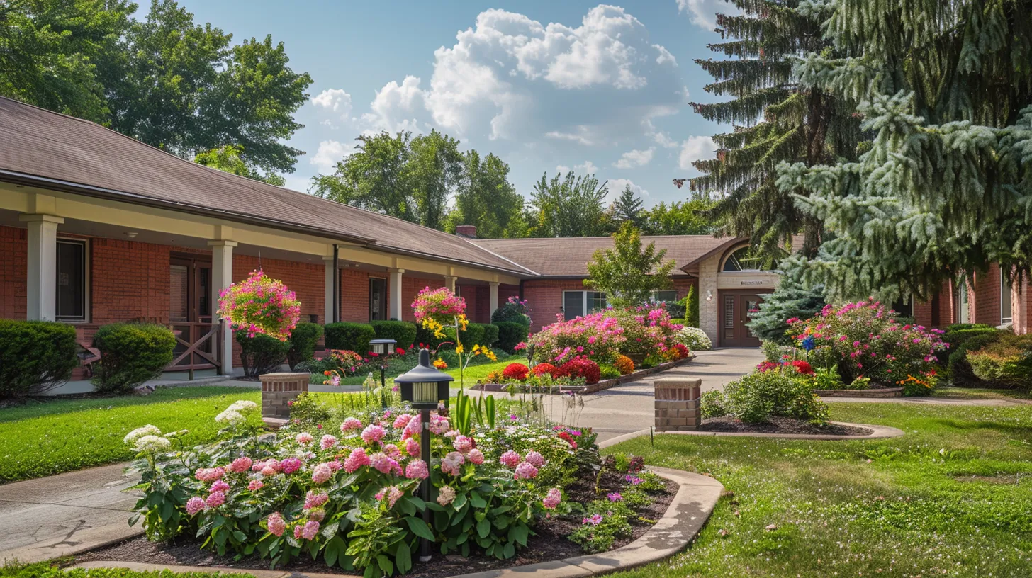 a serene and inviting assisted living facility in ypsilanti, adorned with blooming gardens and warm, natural light streaming through expansive windows, embodying a sense of trust and comfort for residents.