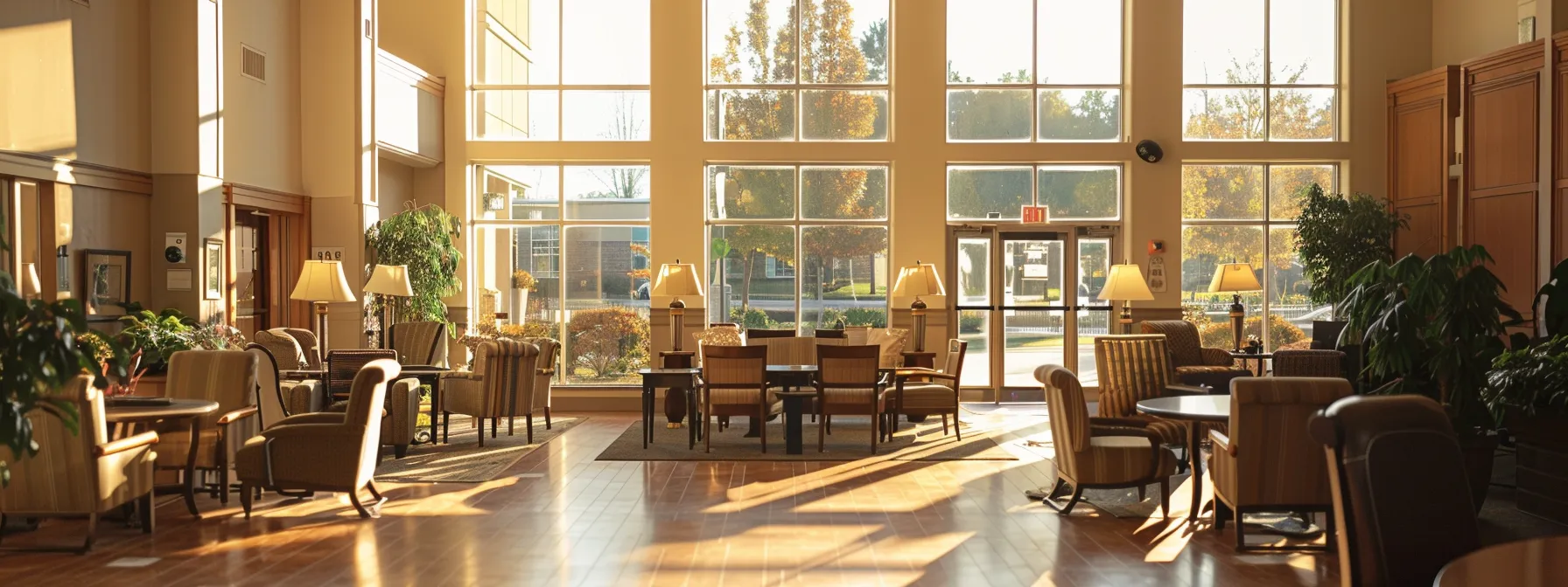 a serene and inviting assisted living facility showcases elderly residents joyfully engaging in activities, surrounded by warm natural light filtering through large windows, symbolizing comfort, care, and community support.