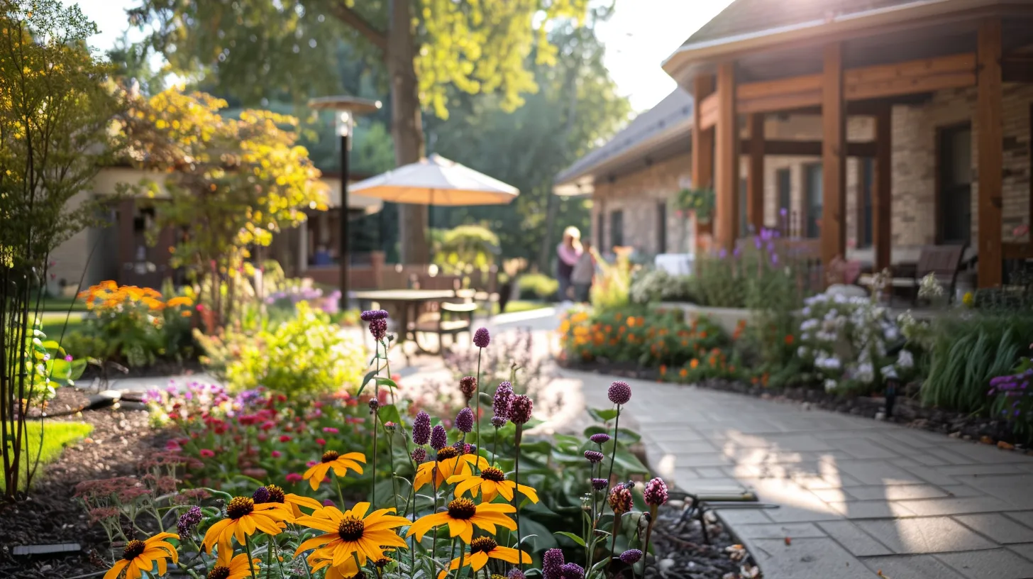 a serene and inviting assisted living facility in ypsilanti, with tranquil garden spaces and attentive staff interacting warmly with residents, illuminated by soft afternoon sunlight that highlights the atmosphere of care and support.