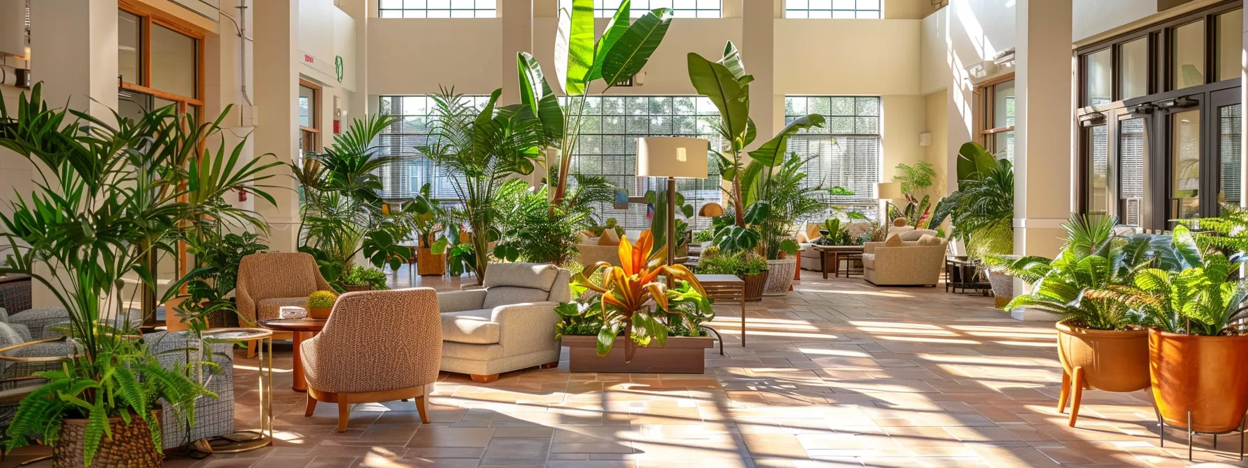 a serene and inviting assisted living facility featuring sunlit communal spaces adorned with vibrant plants and cozy seating, where older residents engage in joyful conversations, capturing a sense of community and care.