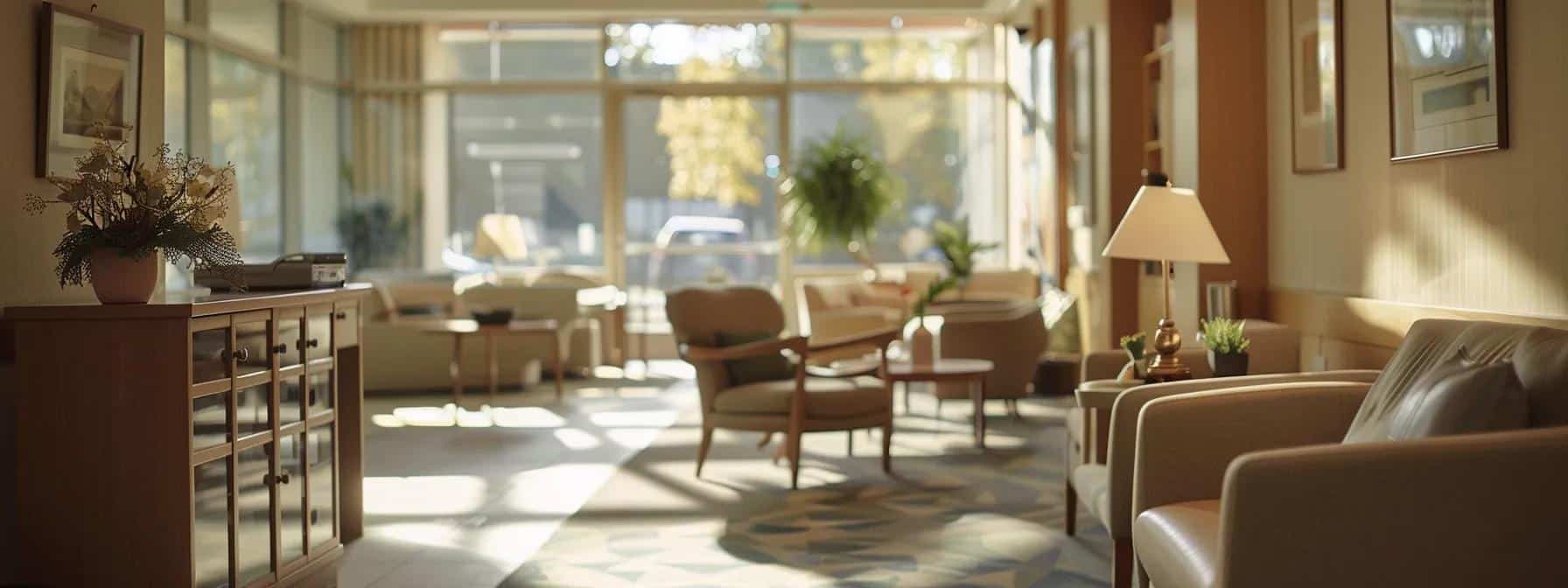 a serene and inviting common area of a dementia care facility, adorned with soft, warm lighting and comfortable furnishings, where elderly residents engage in gentle, supportive interactions amidst a backdrop of calming colors and nature-inspired decor.