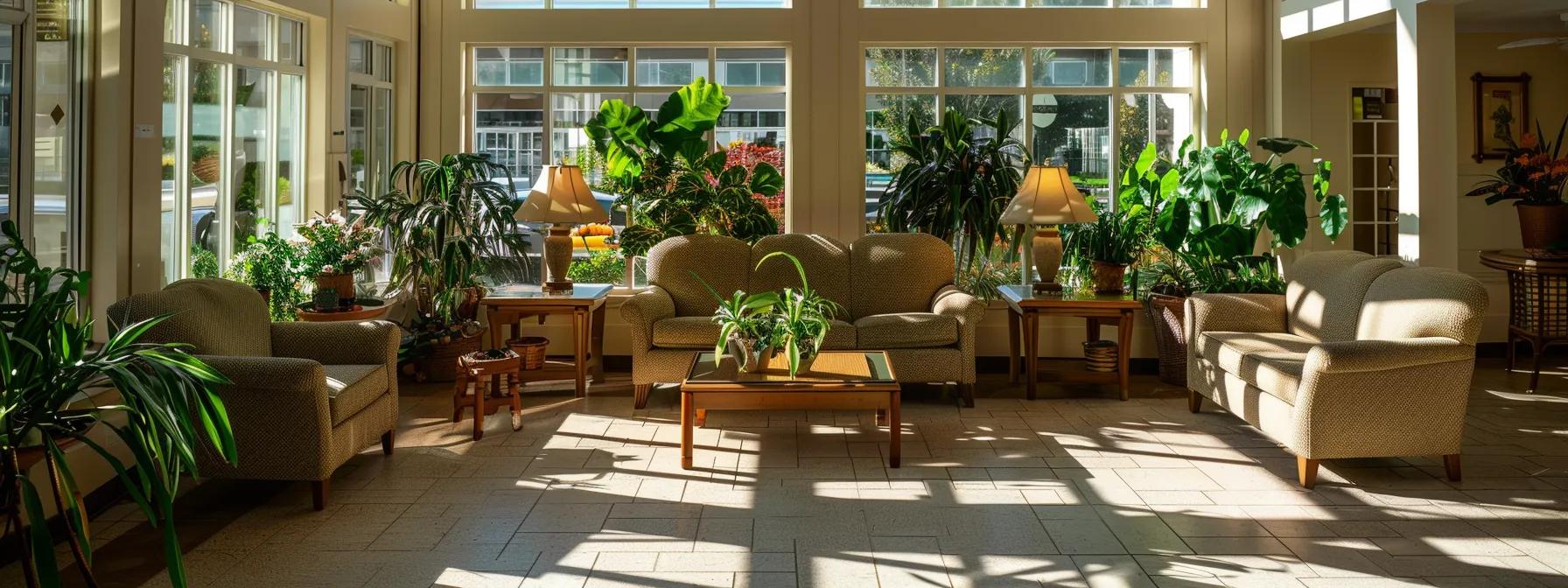 a serene and inviting dementia care facility features cozy, sunlit communal spaces filled with older residents engaging in personalized activities, surrounded by vibrant greenery that enhances their well-being and dignity.