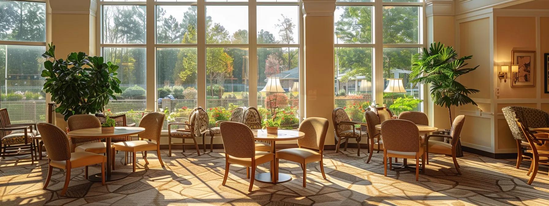 a serene and inviting dementia care facility is depicted with warm, natural light streaming through large windows, highlighting comfortable, home-like common areas where elderly residents engage in meaningful conversation and activities.