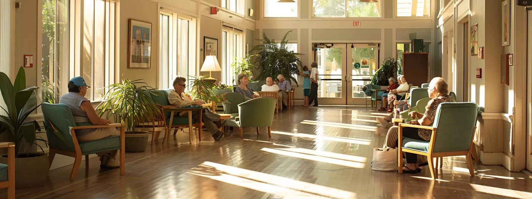 a serene and inviting dementia care facility showcases vibrant communal spaces filled with engaged residents participating in cognitive activities, bathed in soft natural light, emphasizing a nurturing atmosphere that fosters connection and independence.