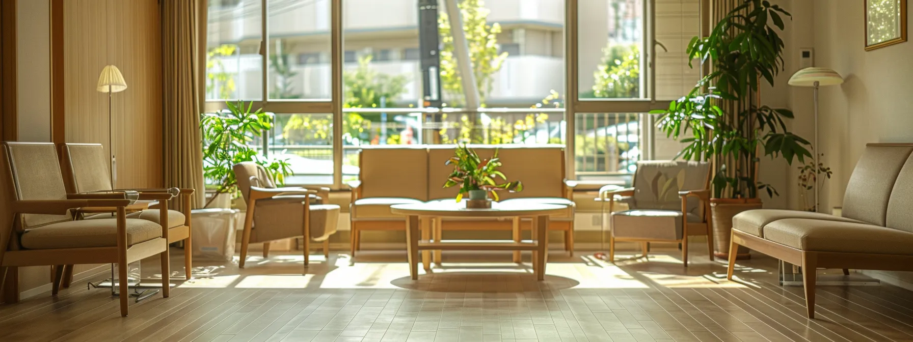 a serene and inviting nursing home interior, featuring well-lit common areas adorned with comfortable furniture, where elderly residents engage in meaningful conversations, symbolizing support and community amidst financial considerations for assisted living.