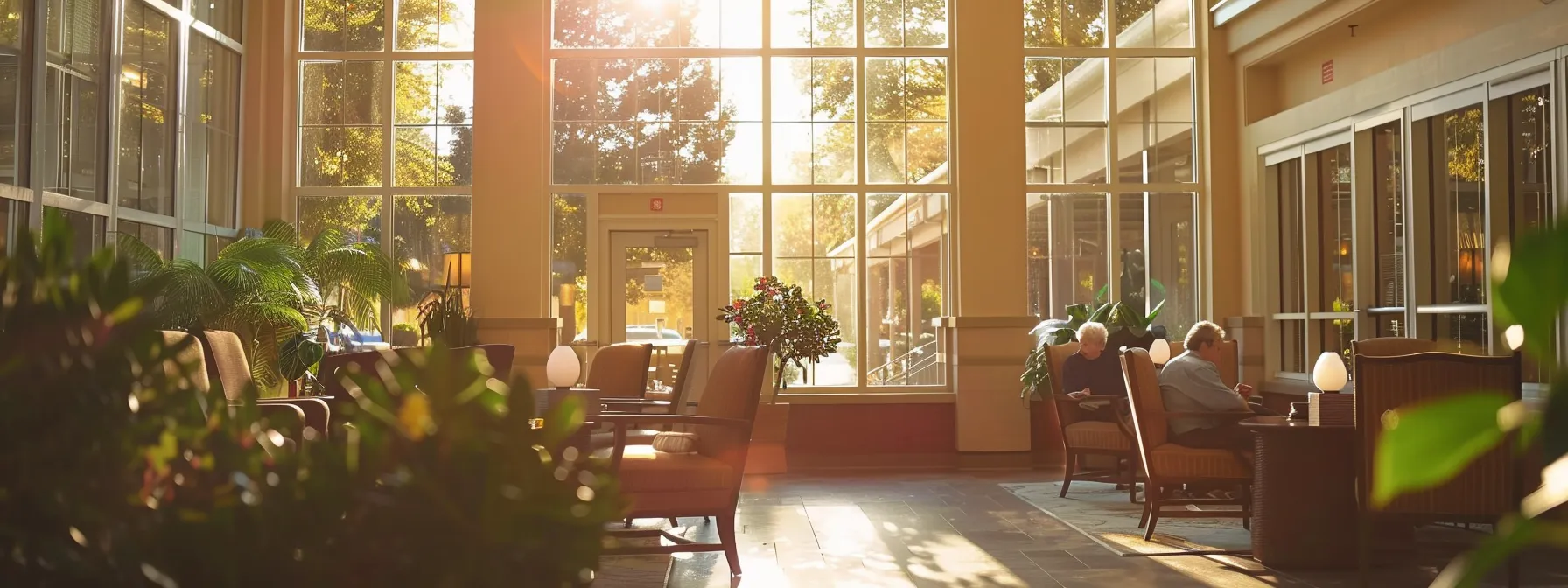 a serene and inviting nursing home setting showcases older adults engaging in vibrant activities, surrounded by warm sunlight filtering through large windows and lush greenery, symbolizing the comfort and community of assisted living services.