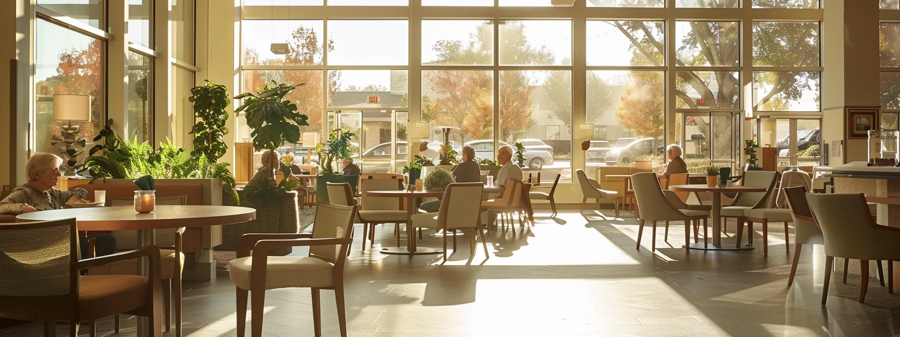 a serene and inviting nursing home setting captures the essence of safety, featuring elderly residents engaging in life-enriching activities amidst well-maintained common areas bathed in warm natural light.