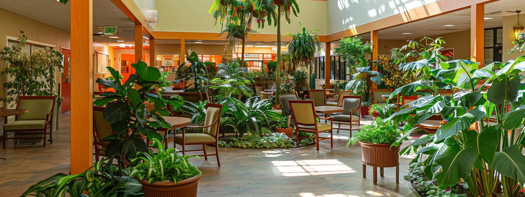 a serene and inviting nursing home common area filled with vibrant plants and cheerful decorations, where elderly residents engage in lively conversations and activities, capturing the essence of community and social interaction for individuals with cognitive impairments.