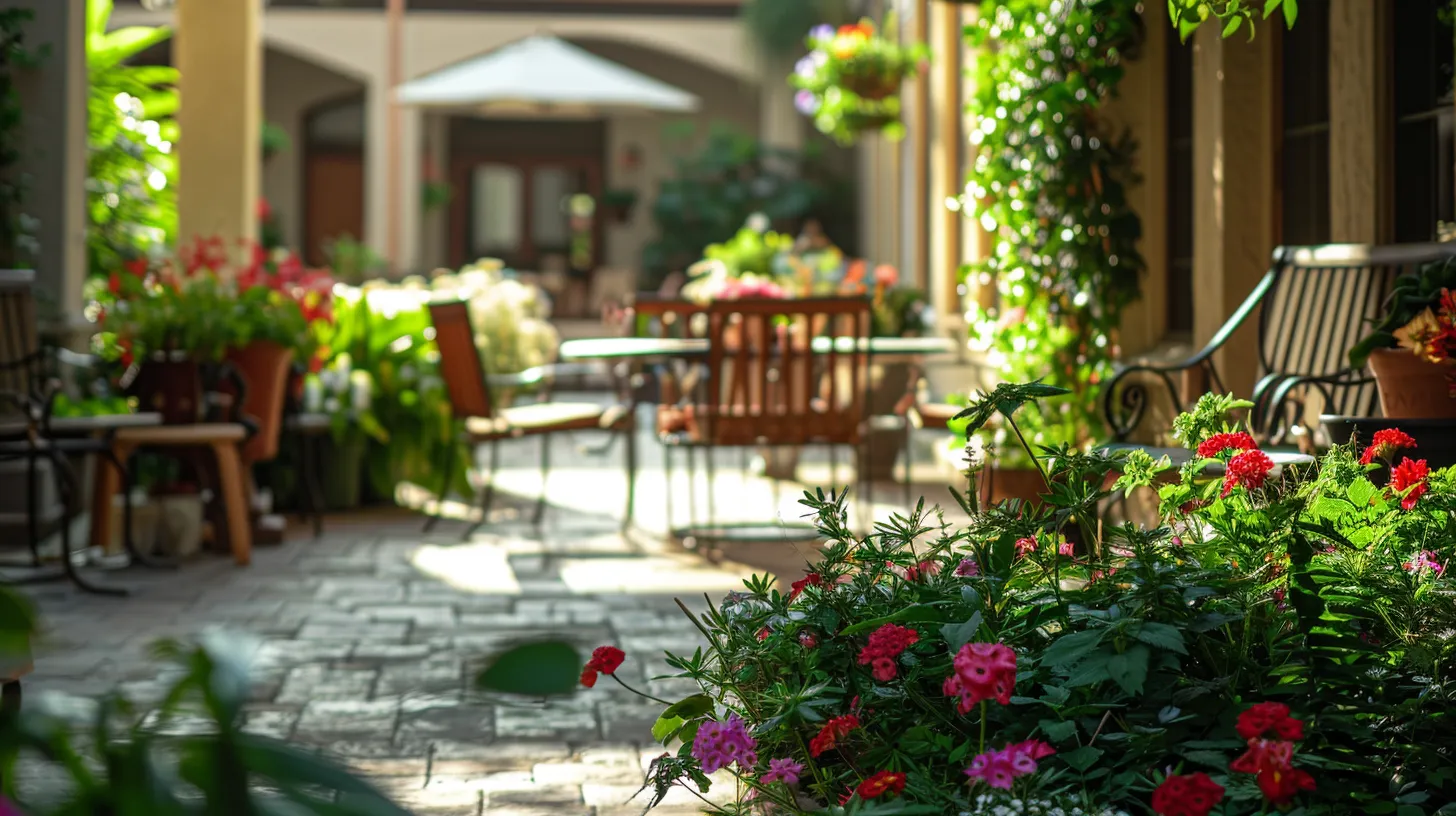 a serene and inviting retirement community courtyard, adorned with vibrant flowers and comfortable seating, reflects the thoughtful financial considerations for seniors seeking a fulfilling and peaceful living arrangement.