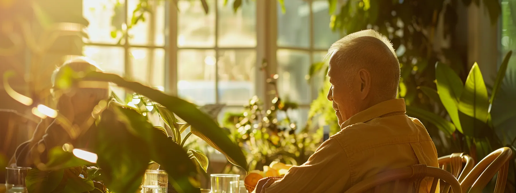 a serene and inviting scene captures a bright, comfortable assisted living facility, where elderly residents engage in warm and supportive interactions while enjoying nutritious meals, symbolizing care and community in a nurturing environment.