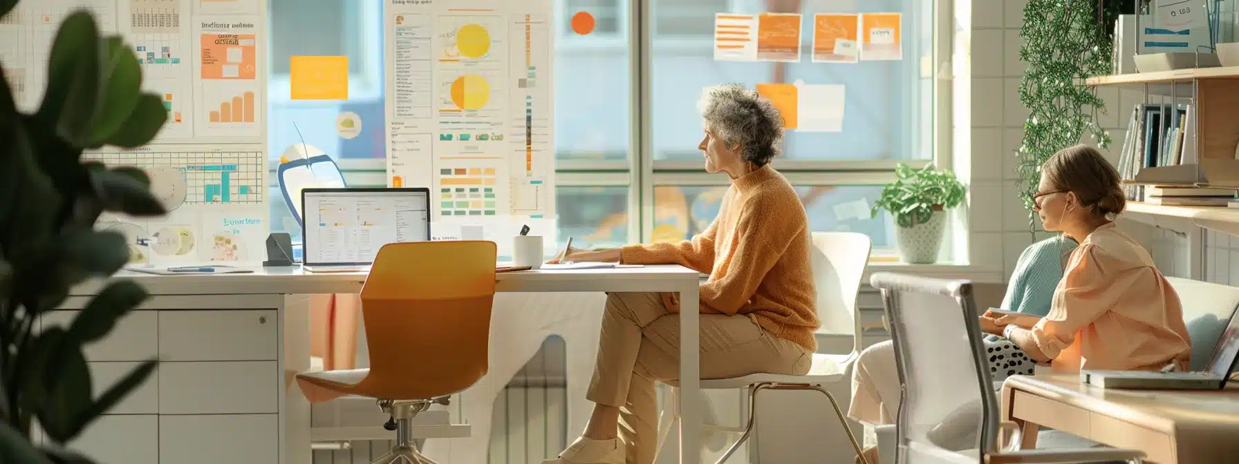 a serene and organized office space features caregivers discussing respite care options, surrounded by informative charts and resources that emphasize effective planning and support for managing dementia care. a serene and organized office space features caregivers discussing respite care options, surrounded by informative charts and resources that emphasize effective planning and support for managing dementia care.